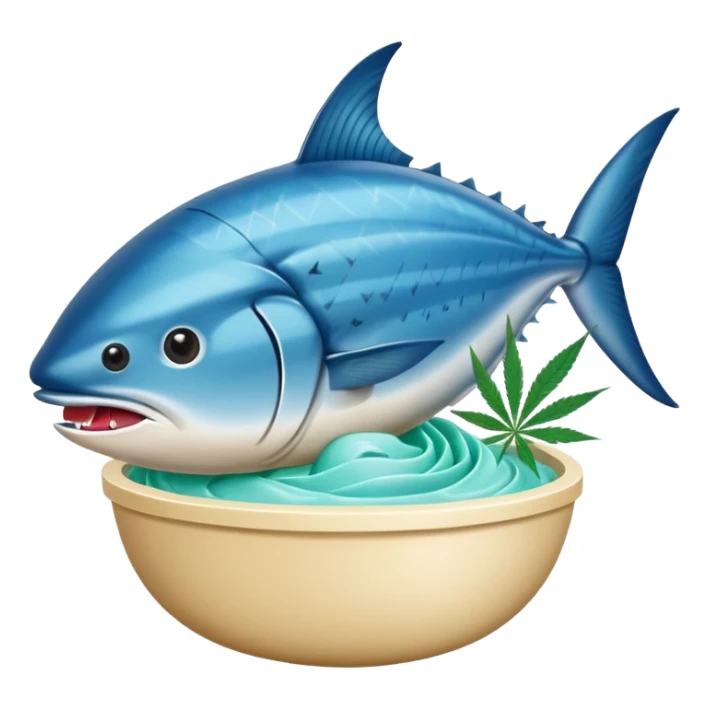 bluefin tuna in a gelato with cannabis leaf sticker