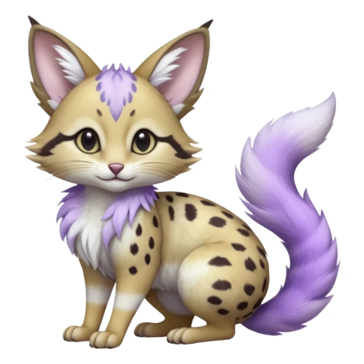 Hyper realistic  frost-lavender-colored fur kissed with pale moon-silver dewshine beautiful elegant pretty precious cute  Fakémon-Pokémon-opossum-serval-caracal-Ocelot-Minccino-hybrid-creature with a big fluffy bushy tail (full body) sticker