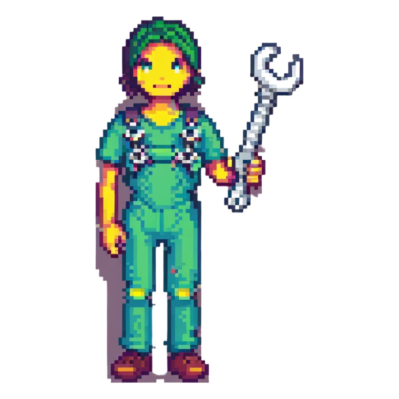 Rounded rectangle badge with pixel art person holding car wrench key, technical colorful IT design sticker