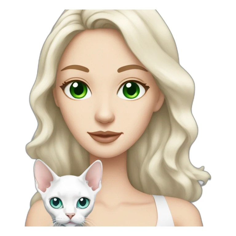 White brunette long hair woman with green eyes holding white devon rex with blue eyes sticker