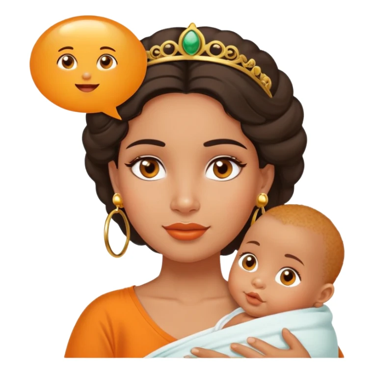 An olive skinned Latina princess with brown eyes and gold earring hoops with a speech bubble saying “Hey Hooch? You doin’ ok?” To an oversized orange baby in a nappy sticker