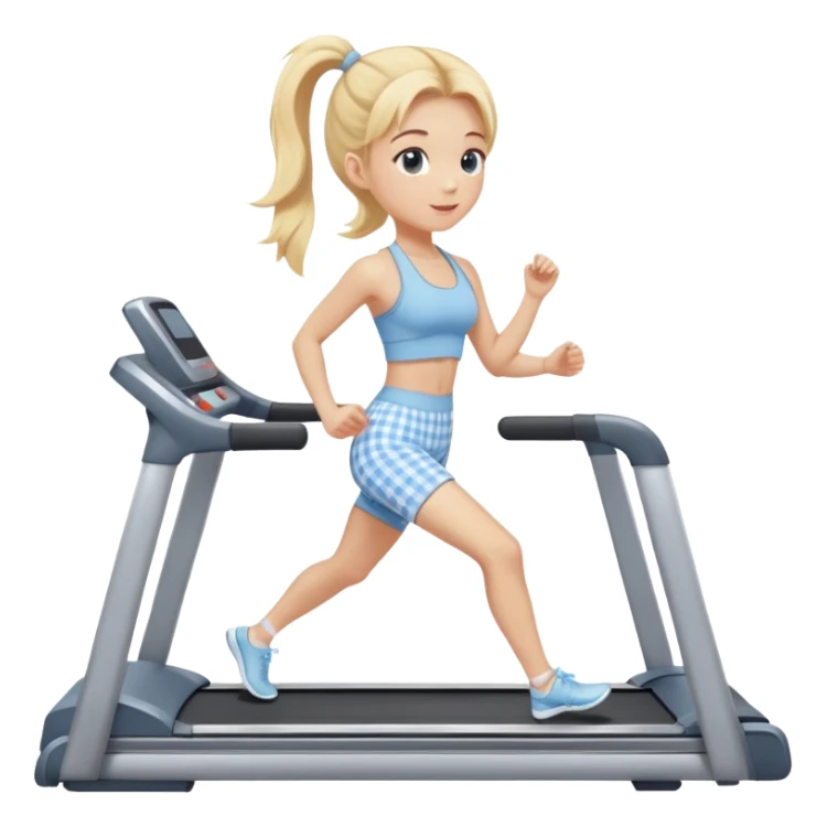blonde girl on treadmill wearing light blue gingham yoga set sticker