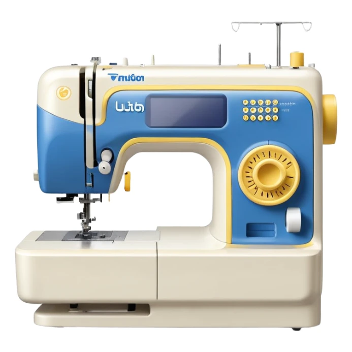 Modern Brother-style computerized sewing machine emoji, white and this yellow #FFB31E and light gray with a blue thread spool, small LCD screen and round dial, three-quarter view, soft gradients and shadows in Apple emoji style, plain light background. sticker