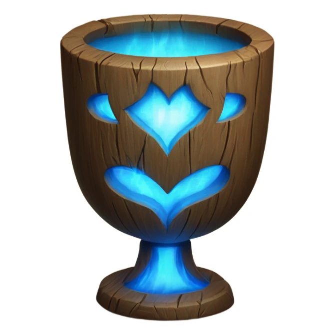 A magical goblet, large and imposing, made of aged wood with a smooth surface. It emits a bright blue glow, with magical flames dancing inside, symbolizing its power and mystery. sticker