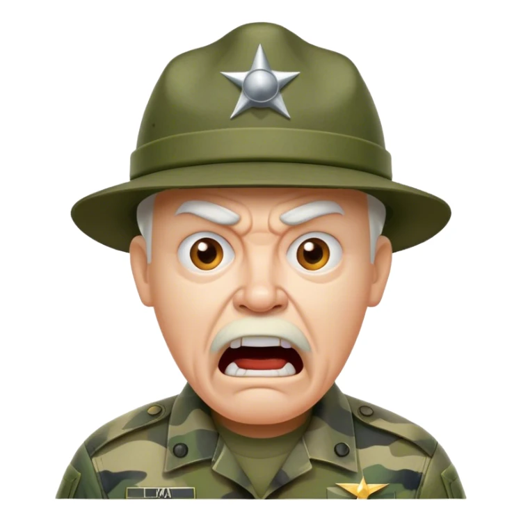 old yelling drill sergeant character wearing a classic sergeant hat and a camouflage army shirt. The character should have an angry intense expression. sticker