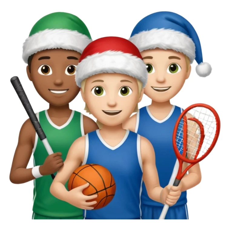 crie a imagem de 3 atletas de modalidades diferentes, usando elementos esportivos, como por exemplo bola, raquete, luca... e usando um chápeu de papai noel das cores verde e azul. sticker