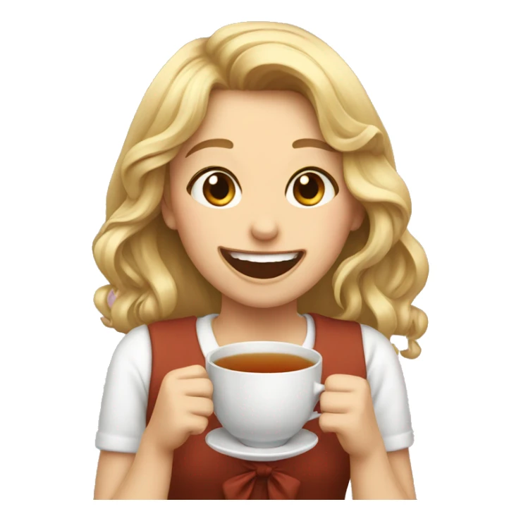 Girl laughing with tea and a bow sticker