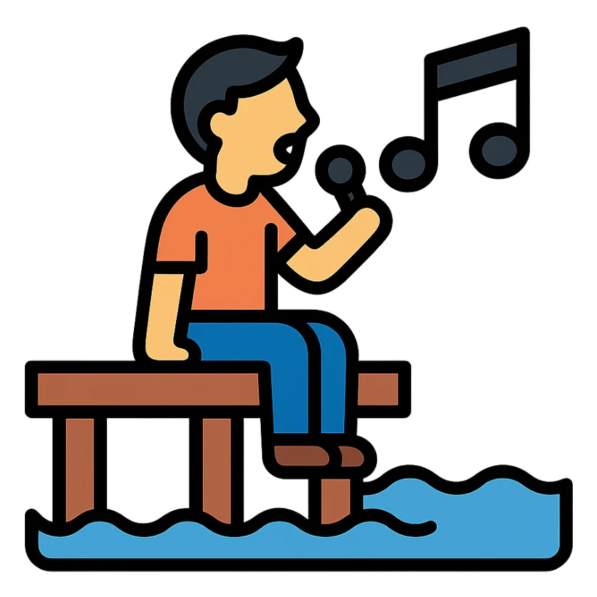 person sitting on a dock singing a song, color outline icon style sticker