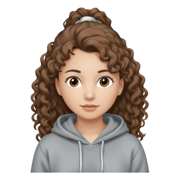 Woman, curly brown hair, hoodie, white pony tail sticker