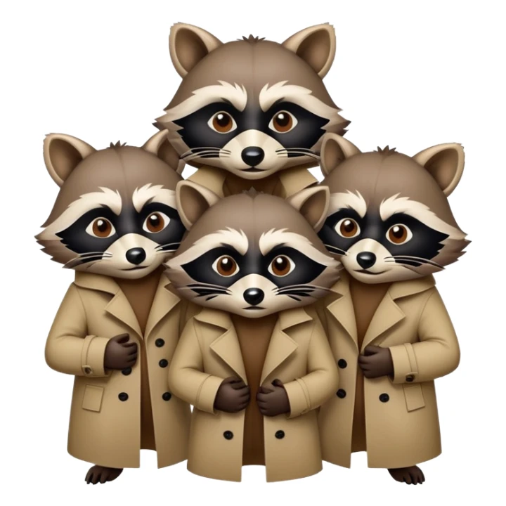 three raccoons stacked on top of each other wearing a trench coat sticker