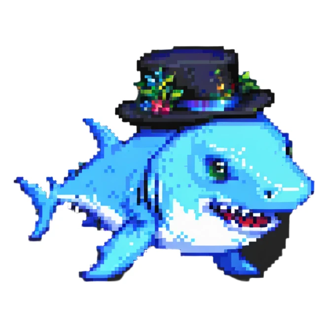 pixel art shark with a black tophat sticker