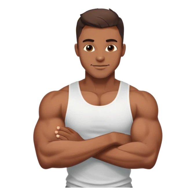 Handsome muscular boyfriend with defined abs, wearing a tank top, strong jawline, darkerr skin, charming smirk, flexing arm, sun-kissed skin, sticker