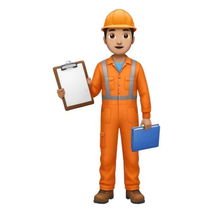Indian male railway engineer orange overalls, boots holding a clipboard facing backwards sticker