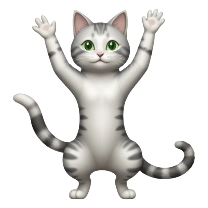 grey and white cat with green eyes doing a big long stretch reaching up into the air with arms and legs side by side together sticker