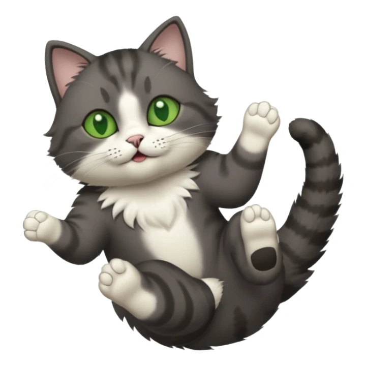 dark grey cat with green eyes, white toes/paws and white patch on her chest playfully rolling upside down sticker