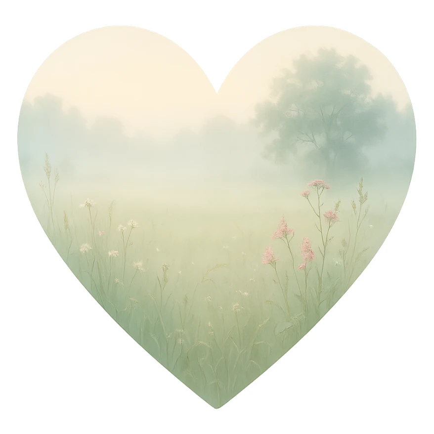 heart with a misty morning meadow, clean digital illustration sticker