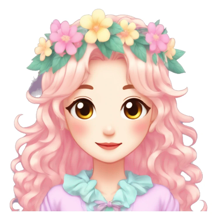Gorgeous Shiny Colorful Pastel Anime Style Mature Lady with blushing face and pretty hair with a flower crown pastelcore kawaii cottagecore fairycore aesthetic trending style sticker