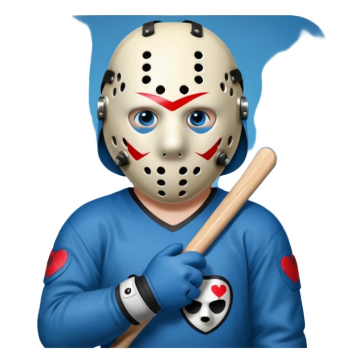 a cartoon image of Jason Voorhees, looking cute, with his hands clasped in front of him, at a sideways angle, looks like he is in love sticker