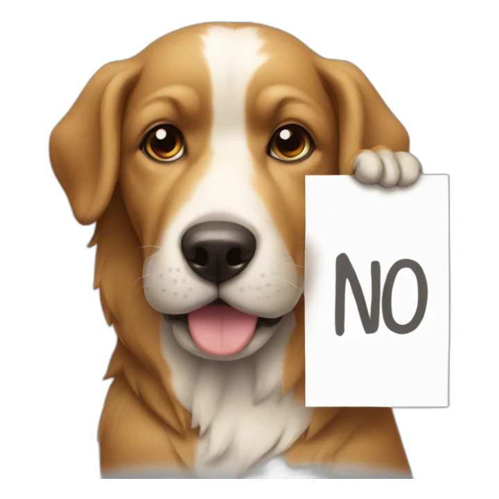 a dog with a sign writing no sticker