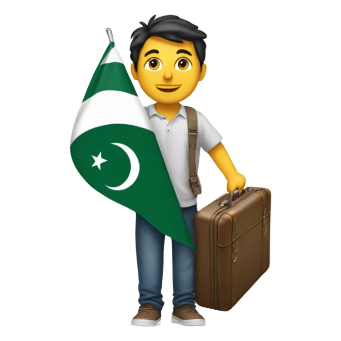 Smiling with tear drop, holding a suitcase and Pakistan flag sticker