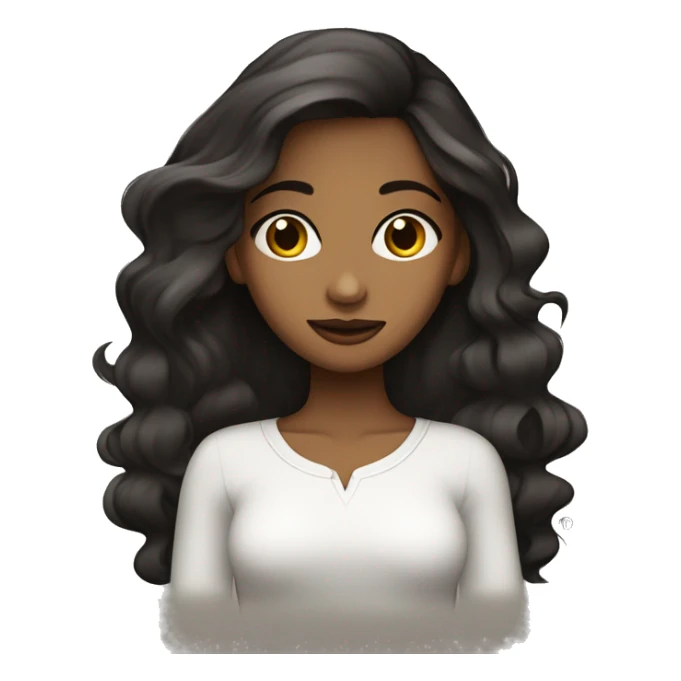 Una chica con cabello negro largo liso  y color trigueña ojos marrones oscuros usando una camisa blanca  sticker