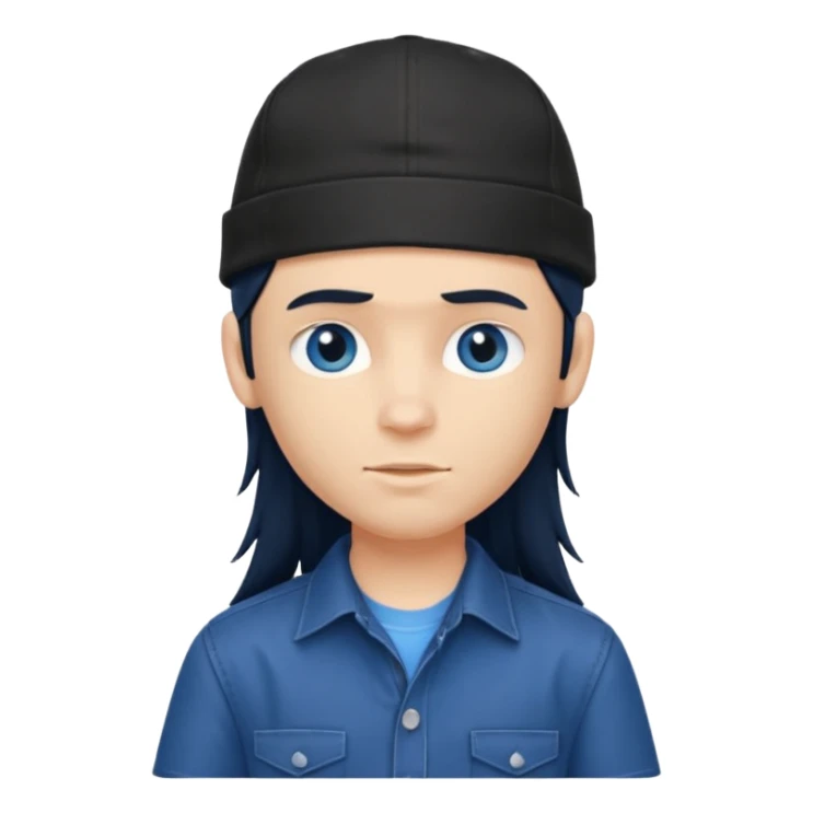 generate a pretty bratz boy wearing a dark blue button up shirt, long black mullet hair. 

Dark blue cap on head sticker
