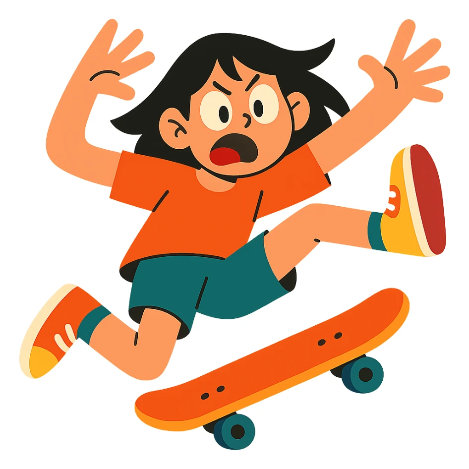 a girl with black hair taking a big fall on a skateboard, dynamic pose, expressive face, cartoon style sticker
