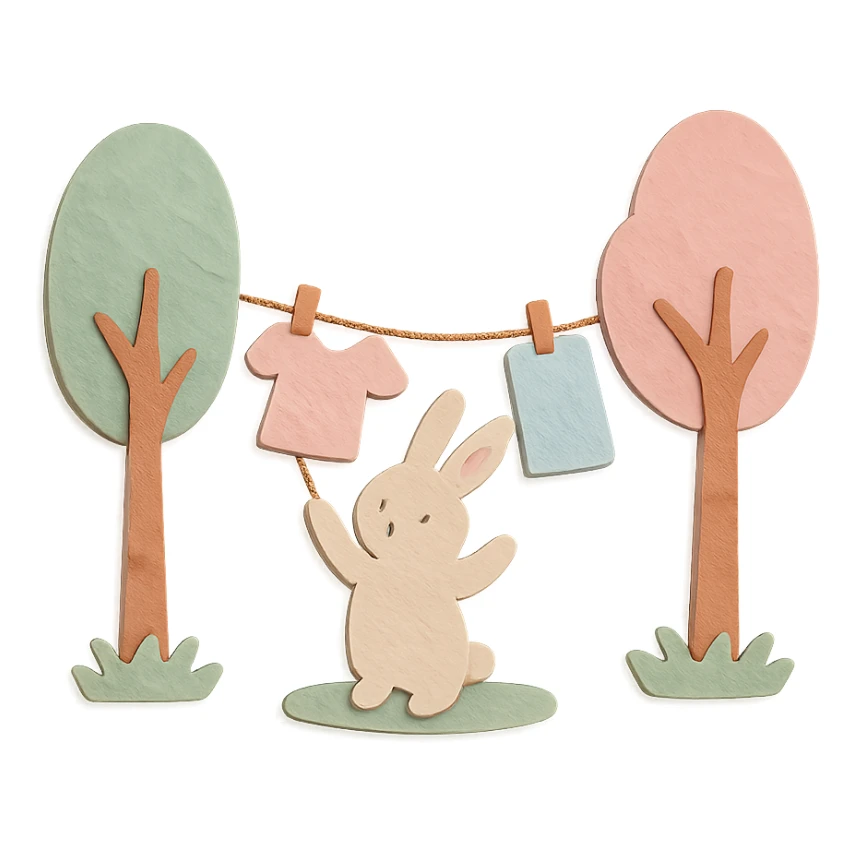 bunny hanging laundry between trees, calming domestic forest feel, soft pastel colors sticker