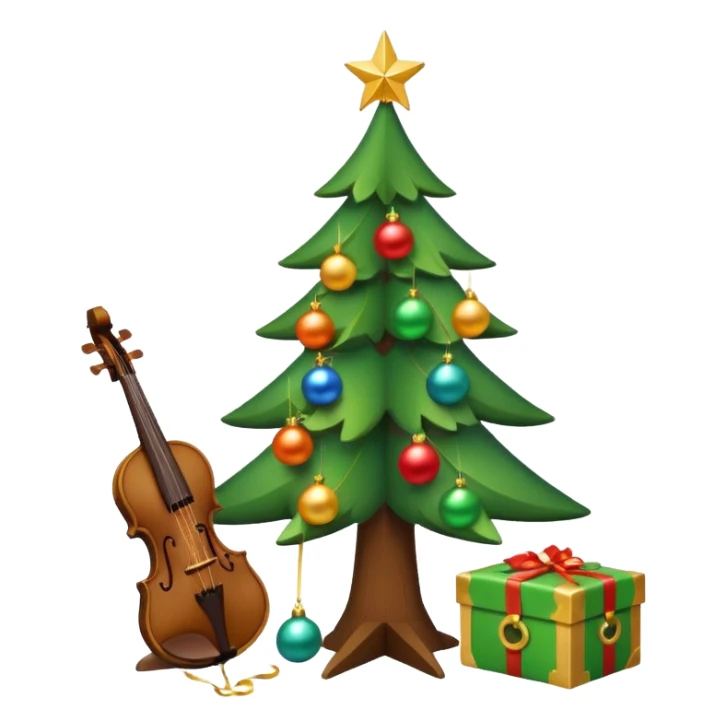A cute, minimal emoji-style Christmas tree with a bright green triangular shape, decorated with a simple glowing light garland and round colorful baubles, a wooden violin replacing the trunk, and a small playful monkey sitting at the very top carefully placing a golden Christmas star sticker
