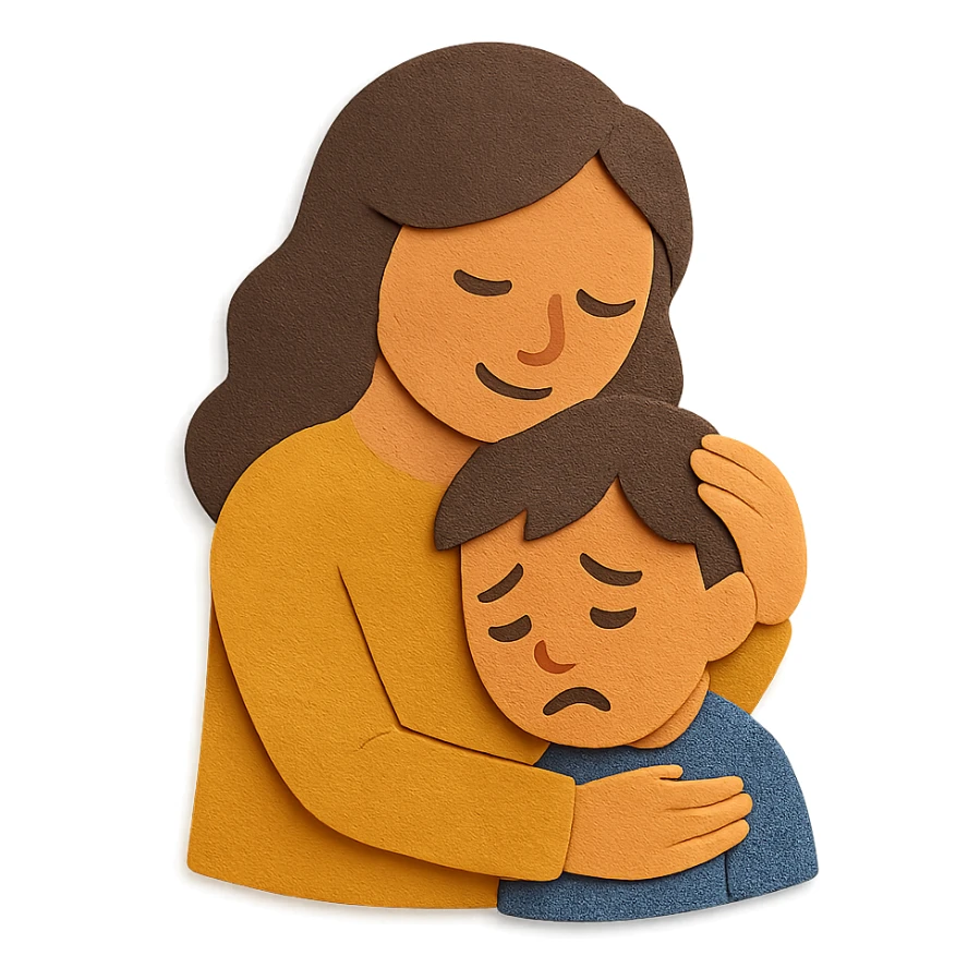 mother hugging a sad child, layered paper look, textured sticker