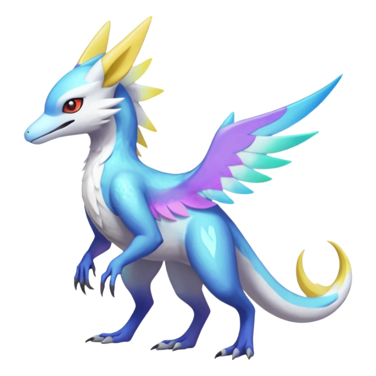 Colorful scaly flurry iridescent shiny bioluminescent translucent luminescent neon pastel bright pale Latias-Sergal-Vernid-Silvally-Renamon-Zeraora-Bastet-Fakémon-hybrid-fusion-creature, full body sticker