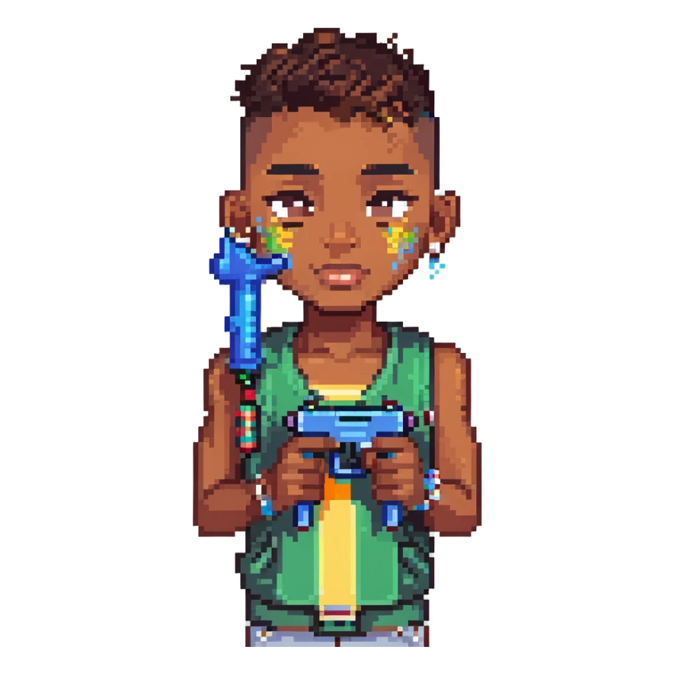 brown-skinned boy with a low taper fade haircut, septum piercing, two eyebrow slits on his left eyebrow, holding a watergun, pixel art style sticker