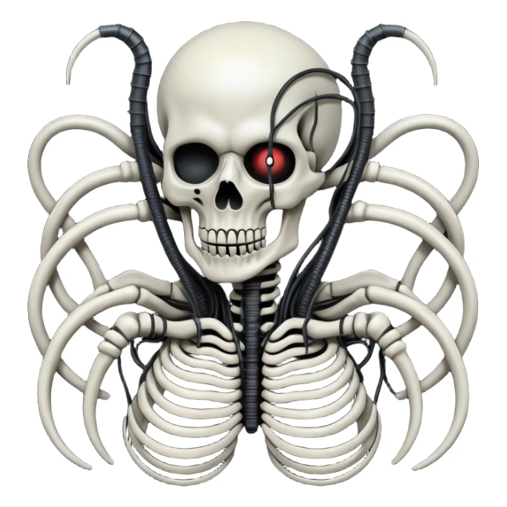 intertwined black wires with undead elements, Giger-inspired, dark surreal biomechanical style sticker