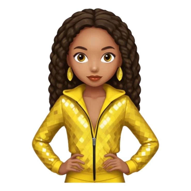 Logan Browning with long dark brown hair, yellow sequin outfit sticker