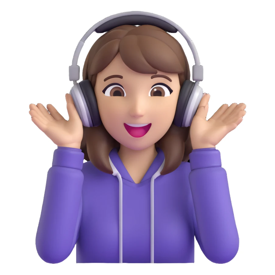 brown-haired gamer girl, excited expression, headphones, head only, emote sticker