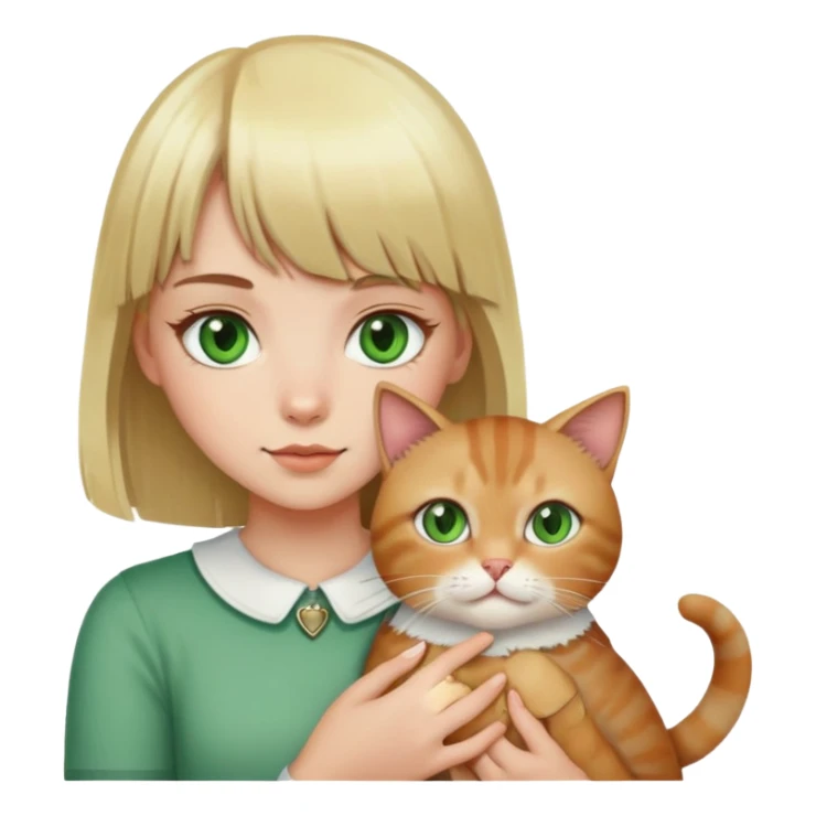 blonde girl with green eyes and bangs with her brown and white cat sticker