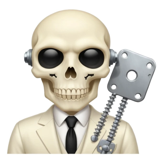 cinematic realistic - a politician in an ivory ethereal suit wears a white tie, has a skull instead of a head, and instead of glasses, has a metal plate with screws over his eyes sticker