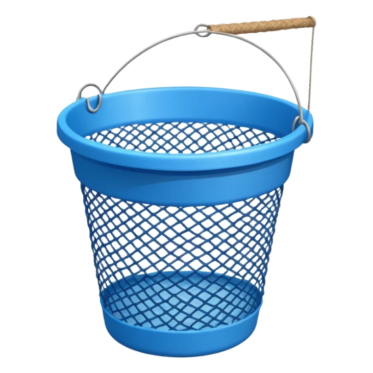A small bucket with a fishing net leaning against it.
 sticker