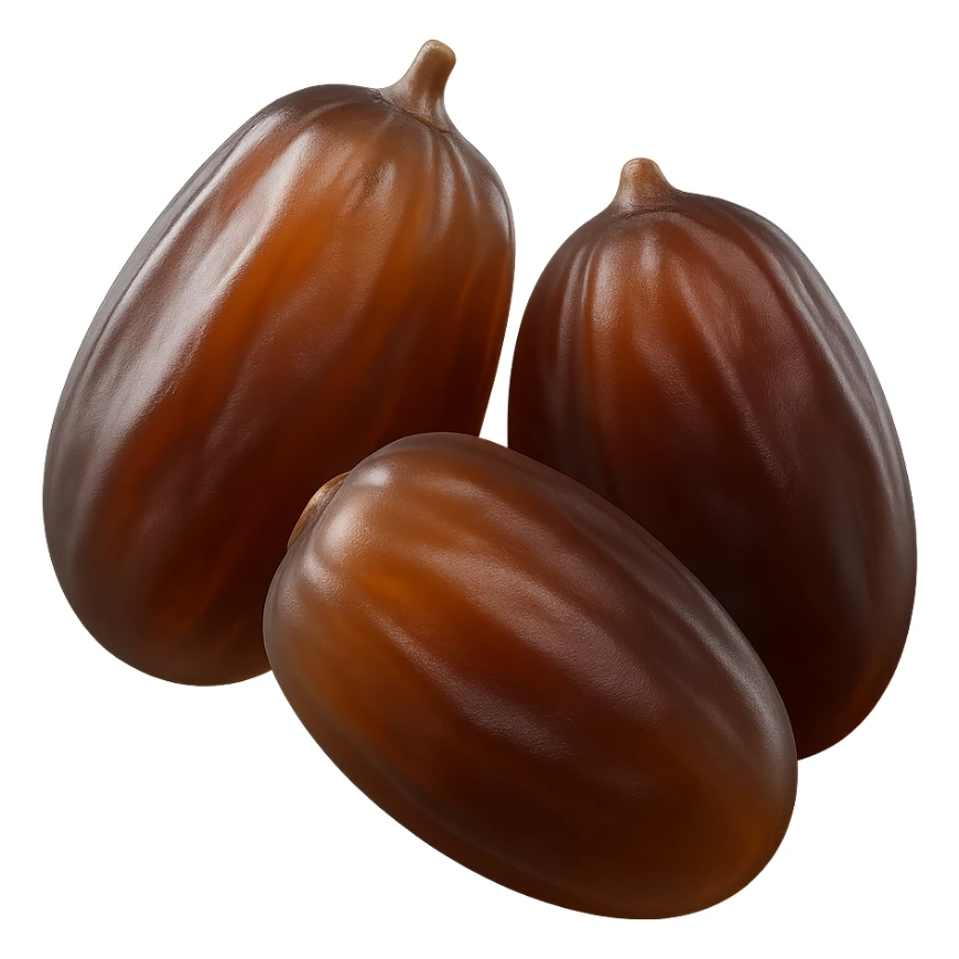 Show exactly two or three whole dates, glossy brown skin, slightly wrinkled, plump and soft, natural shape and color variation from deep amber to mahogany. Clustered together, no plate or extra elements, no faces. Clean 3D, soft shadows, transparent background, emoji scale. sticker