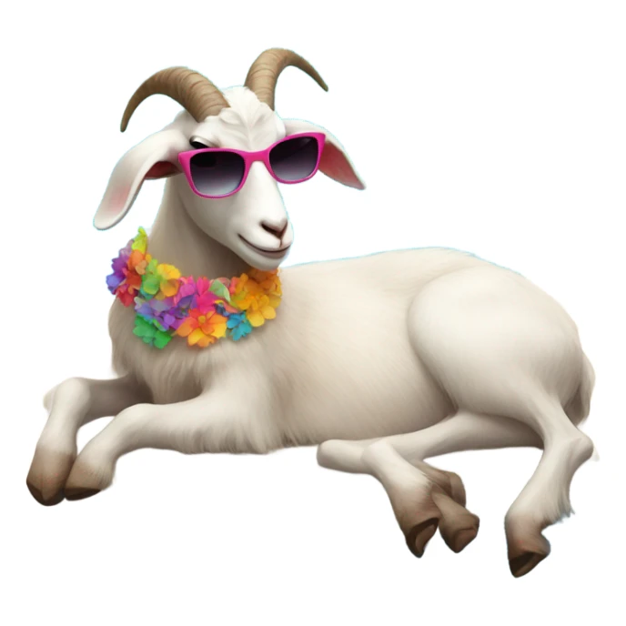 Goat laying by a pool wearing sunglasses and a skirt sticker