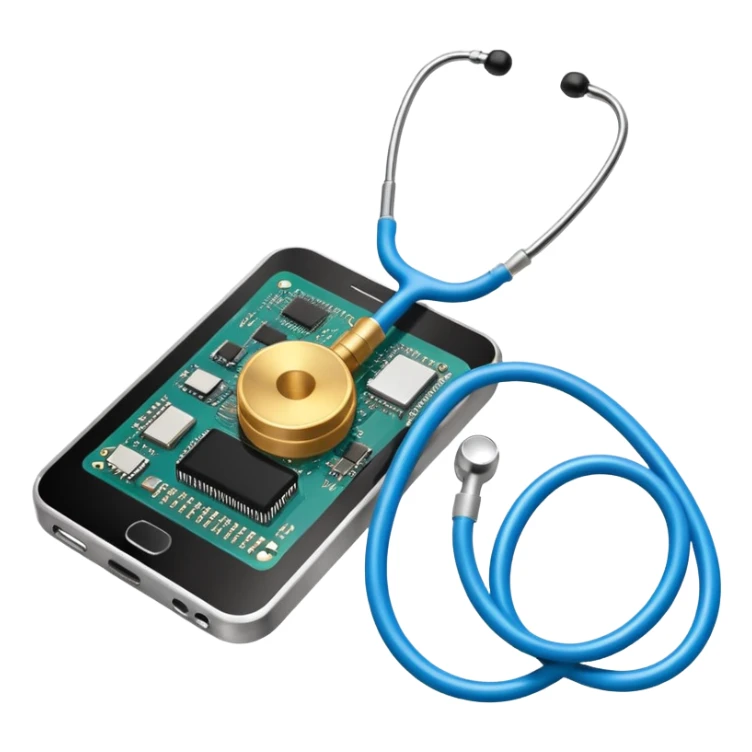 stethoscope wrapped around a microchip, symbolizing digital health sticker