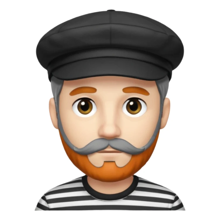 White Man with a dark grey beard and a black newsboy cap. He is wearing a black and white striped shirt. He has dark black eyeliner  sticker