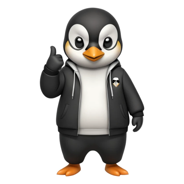 friendly anthropomorphised penguin wearing a mafia-style tracksuit, secretive scheming pose, soprano vibe, angry expression, walking quickly with a brisk purposeful stride, holding a knuckle duster sticker