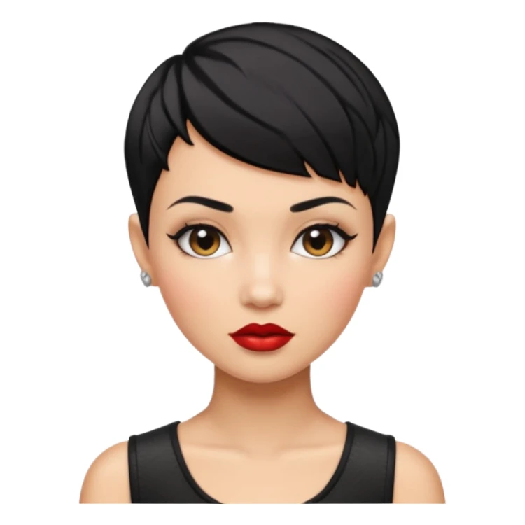 woman shaved half head  pixie cut textured black hair shiny glossy lips sticker