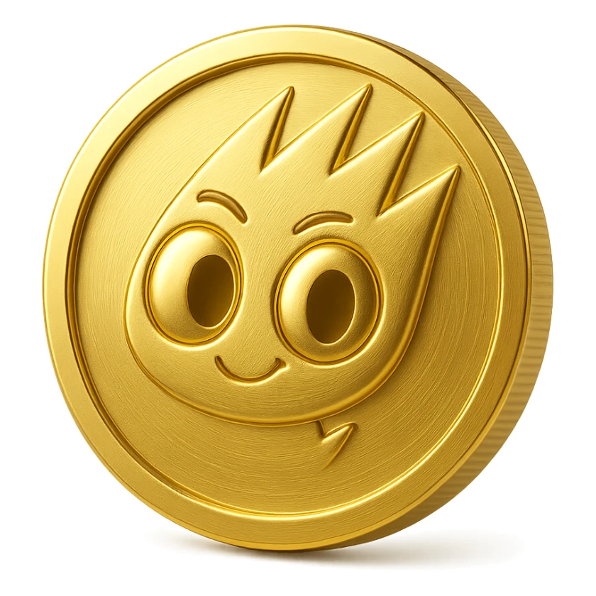 Create a simple flat gold coin with a thin rim, transparent background, no shadows. Feature only the mascot's head from the provided image in gold, centered. No neck or extra details, just the head. Style matches previous option 3 (gold objects style). sticker