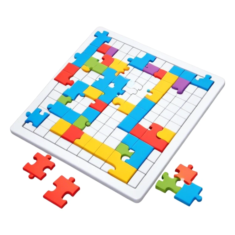 A colorful puzzle piece, a crossword magazine, a 3D puzzle, and a partially completed puzzle picture on a table. Bright colors, minimalist design, modern style. Transparent background, suitable for puzzles and brain games. sticker