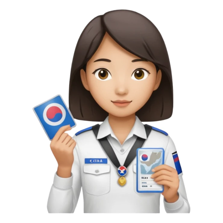 A young Asian guide holding her tour license in both hands, wearing a white shirt with the South Korea badge on her chest. sticker