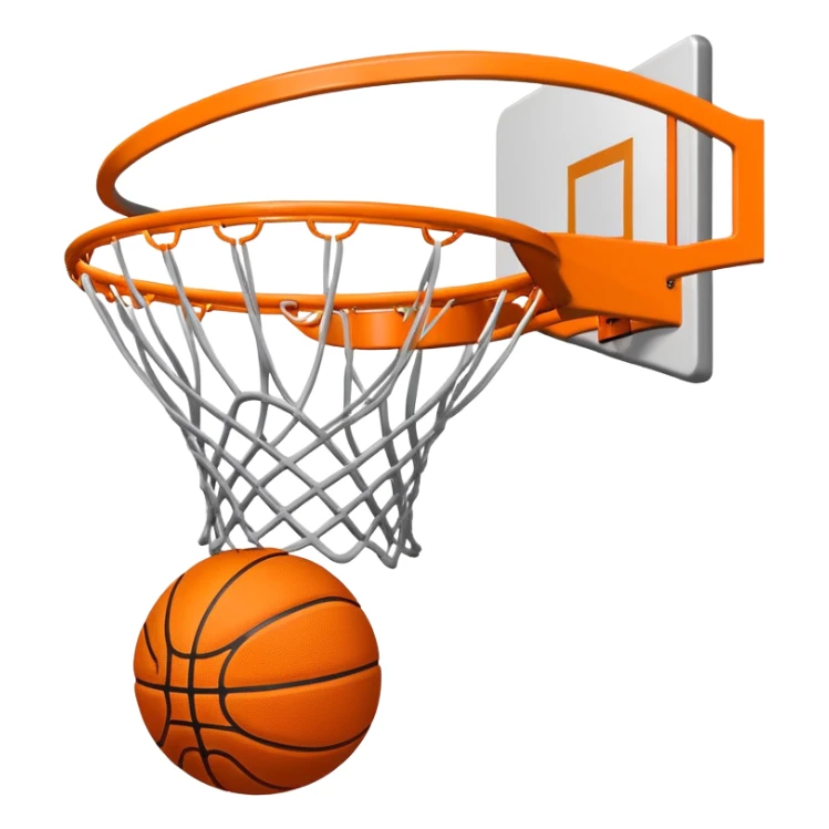 Orange Spalding basketball inside basketball net, viewed from below the hoop, minimalist design, iOS emoji style sticker