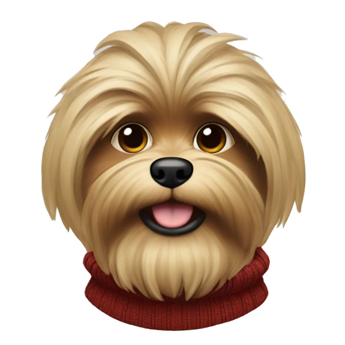 Create old shitzu blonde colored with brown nose and Chewbacca look. Red sweater turtleneck. Disheveled face  sticker