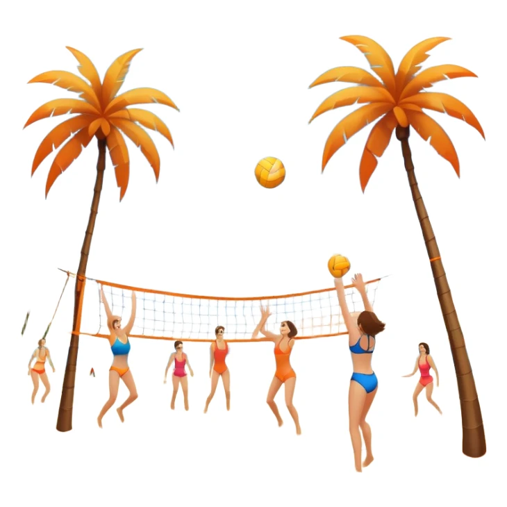 The scene captures a sunny beach atmosphere with clear blue sea and sky, palm trees swaying, and people in swimsuits enjoying the vibrant surroundings. A volleyball resting on the orange sand ground of a beach, with a volleyball net in the background.  sticker